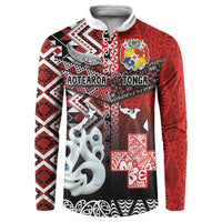 Personalised Aotearoa and Tonga Together Button Sweatshirt Manaia and Tongan Tribal Cross - Taniko and Ngatu Art Tattoo