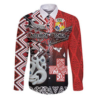 Personalised Aotearoa and Tonga Together Family Matching Tank Maxi Dress and Hawaiian Shirt Manaia and Tongan Tribal Cross - Taniko and Ngatu Art Tattoo LT03 Dad's Shirt - Long Sleeve Red - Polynesian Pride