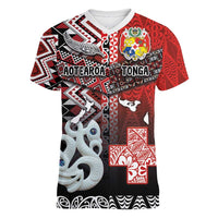Personalised Aotearoa and Tonga Together Women V-Neck T-Shirt Manaia and Tongan Tribal Cross - Taniko and Ngatu Art Tattoo