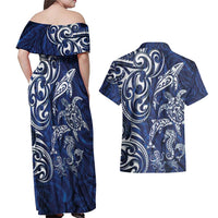 New Zealand Connecting with Seas Couples Matching Off Shoulder Maxi Dress and Hawaiian Shirt Maori Tribal and Sea Animals Tattoo - White Glass Style