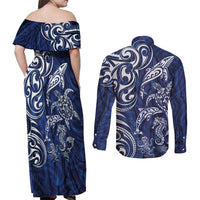 New Zealand Connecting with Seas Couples Matching Off Shoulder Maxi Dress and Long Sleeve Button Shirt Maori Tribal and Sea Animals Tattoo - White Glass Style