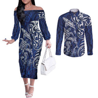 New Zealand Connecting with Seas Couples Matching Off The Shoulder Long Sleeve Dress and Long Sleeve Button Shirt Maori Tribal and Sea Animals Tattoo - White Glass Style