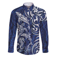 New Zealand Connecting with Seas Family Matching Tank Maxi Dress and Hawaiian Shirt Maori Tribal and Sea Animals Tattoo - White Glass Style LT03 Dad's Shirt - Long Sleeve Navy - Polynesian Pride