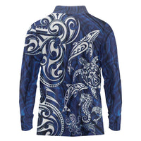 New Zealand Connecting with Seas Long Sleeve Polo Shirt Maori Tribal and Sea Animals Tattoo - White Glass Style