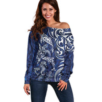 New Zealand Connecting with Seas Off Shoulder Sweater Maori Tribal and Sea Animals Tattoo - White Glass Style