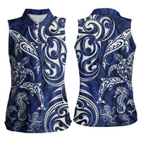 New Zealand Connecting with Seas Women Sleeveless Polo Shirt Maori Tribal and Sea Animals Tattoo - White Glass Style