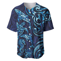 New Zealand Connecting with Seas Baseball Jersey Maori Tribal and Sea Animals Tattoo - Sea Texture Glass Style