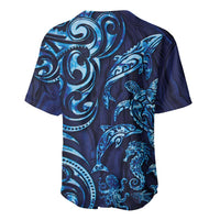 New Zealand Connecting with Seas Baseball Jersey Maori Tribal and Sea Animals Tattoo - Sea Texture Glass Style