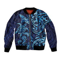 New Zealand Connecting with Seas Bomber Jacket Maori Tribal and Sea Animals Tattoo - Sea Texture Glass Style