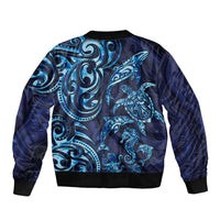 New Zealand Connecting with Seas Bomber Jacket Maori Tribal and Sea Animals Tattoo - Sea Texture Glass Style