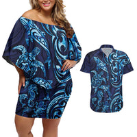 New Zealand Connecting with Seas Couples Matching Off Shoulder Short Dress and Hawaiian Shirt Maori Tribal and Sea Animals Tattoo - Sea Texture Glass Style