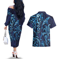 New Zealand Connecting with Seas Couples Matching Off The Shoulder Long Sleeve Dress and Hawaiian Shirt Maori Tribal and Sea Animals Tattoo - Sea Texture Glass Style