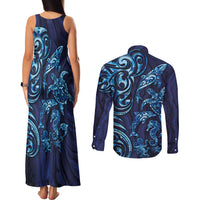 New Zealand Connecting with Seas Couples Matching Tank Maxi Dress and Long Sleeve Button Shirt Maori Tribal and Sea Animals Tattoo - Sea Texture Glass Style