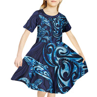 New Zealand Connecting with Seas Kid Short Sleeve Dress Maori Tribal and Sea Animals Tattoo - Sea Texture Glass Style