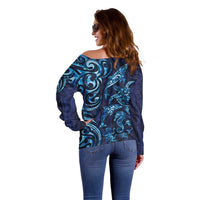 New Zealand Connecting with Seas Off Shoulder Sweater Maori Tribal and Sea Animals Tattoo - Sea Texture Glass Style