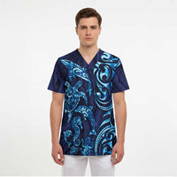 New Zealand Connecting with Seas Scrub Top Maori Tribal and Sea Animals Tattoo - Sea Texture Glass Style - Polynesian Pride
