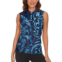 New Zealand Connecting with Seas Women Sleeveless Polo Shirt Maori Tribal and Sea Animals Tattoo - Sea Texture Glass Style