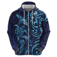 New Zealand Connecting with Seas Zip Hoodie Maori Tribal and Sea Animals Tattoo - Sea Texture Glass Style