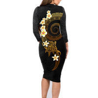 Polynesian Spiral Tribal Tattoo Family Matching Long Sleeve Bodycon Dress and Hawaiian Shirt Golden Color