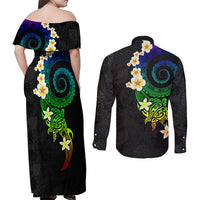 Polynesian Spiral Tribal Tattoo Couples Matching Off Shoulder Maxi Dress and Long Sleeve Button Shirt Fanciful Color