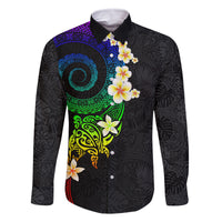 Polynesian Spiral Tribal Tattoo Family Matching Off The Shoulder Long Sleeve Dress and Hawaiian Shirt Fanciful Color LT03 Dad's Shirt - Long Sleeve Black - Polynesian Pride