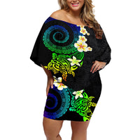 Polynesian Spiral Tribal Tattoo Off Shoulder Short Dress Fanciful Color LT03 Women Black - Polynesian Pride