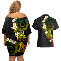 Polynesian Spiral Tribal Tattoo Couples Matching Off Shoulder Short Dress and Hawaiian Shirt Reggae Color
