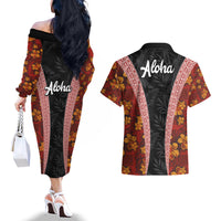 Hawaii Lei and Hibiscus Flowers Tribal Couples Matching Off The Shoulder Long Sleeve Dress and Hawaiian Shirt Patchwork Abstract Vintage LT03 - Polynesian Pride