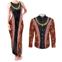 Hawaii Lei and Hibiscus Flowers Tribal Couples Matching Tank Maxi Dress and Long Sleeve Button Shirt Patchwork Abstract Vintage LT03 Red - Polynesian Pride
