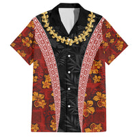 Hawaii Lei and Hibiscus Flowers Tribal Family Matching Tank Maxi Dress and Hawaiian Shirt Patchwork Abstract Vintage LT03 Dad's Shirt - Short Sleeve Red - Polynesian Pride