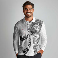 Aotearoa Volleyball Custom Long Sleeve Polo Shirt Silver Ferns and Maori Tribal White LT03 - Polynesian Pride