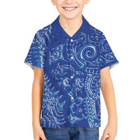 New Zealand Sea Animals Kid Hawaiian Shirt with Maori Koru Tribal Tattoo and Silver Ferns Aquatic Style