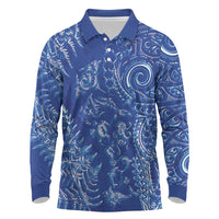 New Zealand Sea Animals Long Sleeve Polo Shirt with Maori Koru Tribal Tattoo and Silver Ferns Aquatic Style