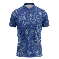 New Zealand Sea Animals Zipper Polo Shirt with Maori Koru Tribal Tattoo and Silver Ferns Aquatic Style