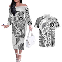 New Zealand Sea Animals Couples Matching Off The Shoulder Long Sleeve Dress and Hawaiian Shirt with Maori Koru Tribal Tattoo and Silver Ferns White Color