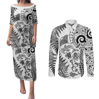 New Zealand Sea Animals Couples Matching Puletasi and Long Sleeve Button Shirt with Maori Koru Tribal Tattoo and Silver Ferns White Color