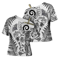New Zealand Sea Animals Cross Shoulder Shirt with Maori Koru Tribal Tattoo and Silver Ferns White Color