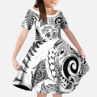 New Zealand Sea Animals Family Matching Mermaid Dress and Hawaiian Shirt with Maori Koru Tribal Tattoo and Silver Ferns White Color