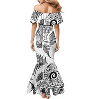 New Zealand Sea Animals Family Matching Mermaid Dress and Hawaiian Shirt with Maori Koru Tribal Tattoo and Silver Ferns White Color