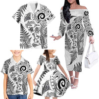 New Zealand Sea Animals Family Matching Off The Shoulder Long Sleeve Dress and Hawaiian Shirt with Maori Koru Tribal Tattoo and Silver Ferns White Color