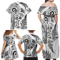 New Zealand Sea Animals Family Matching Off Shoulder Maxi Dress and Hawaiian Shirt with Maori Koru Tribal Tattoo and Silver Ferns White Color