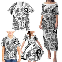 New Zealand Sea Animals Family Matching Puletasi and Hawaiian Shirt with Maori Koru Tribal Tattoo and Silver Ferns White Color