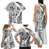 New Zealand Sea Animals Family Matching Tank Maxi Dress and Hawaiian Shirt with Maori Koru Tribal Tattoo and Silver Ferns White Color