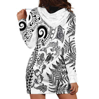 New Zealand Sea Animals Hoodie Dress with Maori Koru Tribal Tattoo and Silver Ferns White Color