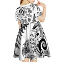 New Zealand Sea Animals Kid Short Sleeve Dress with Maori Koru Tribal Tattoo and Silver Ferns White Color