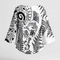 New Zealand Sea Animals Kimono Sleeve Blouse with Maori Koru Tribal Tattoo and Silver Ferns White Color