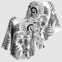 New Zealand Sea Animals Kimono Sleeve Blouse with Maori Koru Tribal Tattoo and Silver Ferns White Color