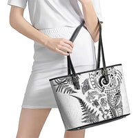 New Zealand Sea Animals Leather Tote Bag with Maori Koru Tribal Tattoo and Silver Ferns White Color