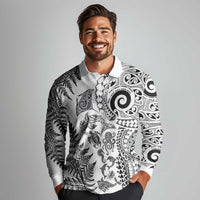 New Zealand Sea Animals Long Sleeve Polo Shirt with Maori Koru Tribal Tattoo and Silver Ferns White Color