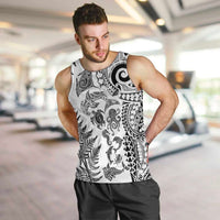 New Zealand Sea Animals Men Tank Top with Maori Koru Tribal Tattoo and Silver Ferns White Color